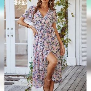 Floral v neck wrap maxi dress L